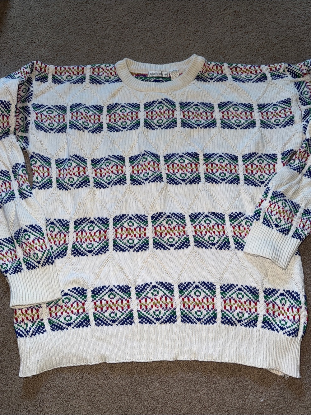 Claiborne White Crewneck Sweater with Multicolor Geometric Pattern